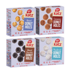 Variety pack of gluten-free donut hole boxes: glazed, cinnamon, chocolate, powdered