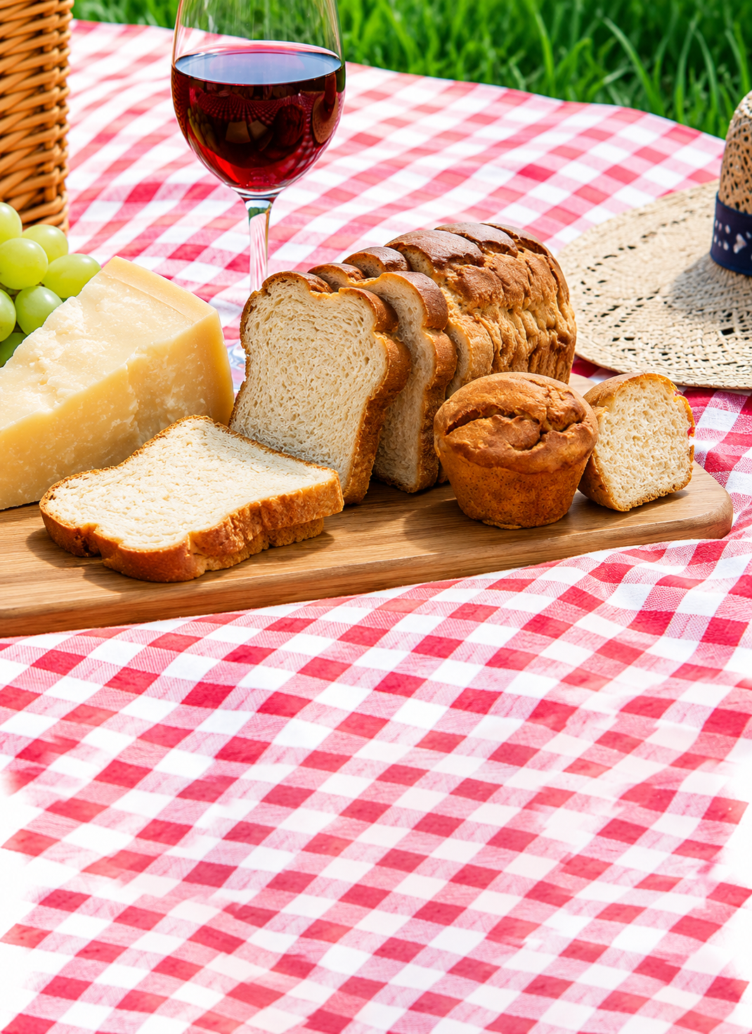 Picnic setup with bread, cheese, grapes, and a glass of red wine on a checkered tablecloth.
