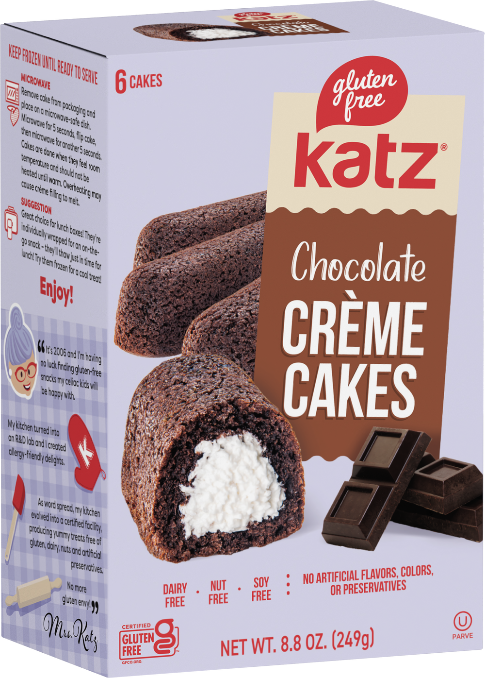 Box of Katz chocolate creme cakes, 6-count, gluten free