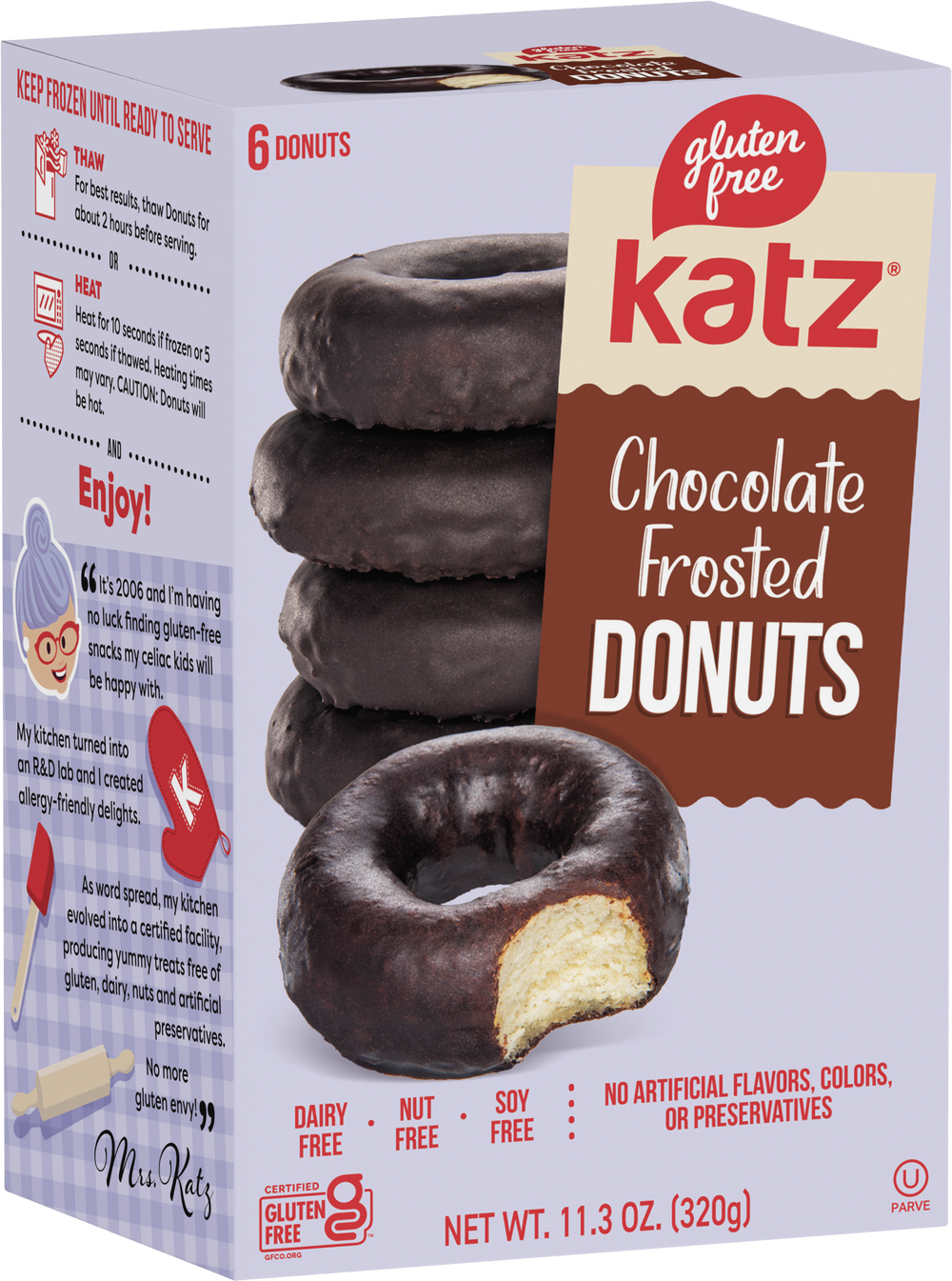 Chocolate frosted donut box with 6 donuts, gluten-free
