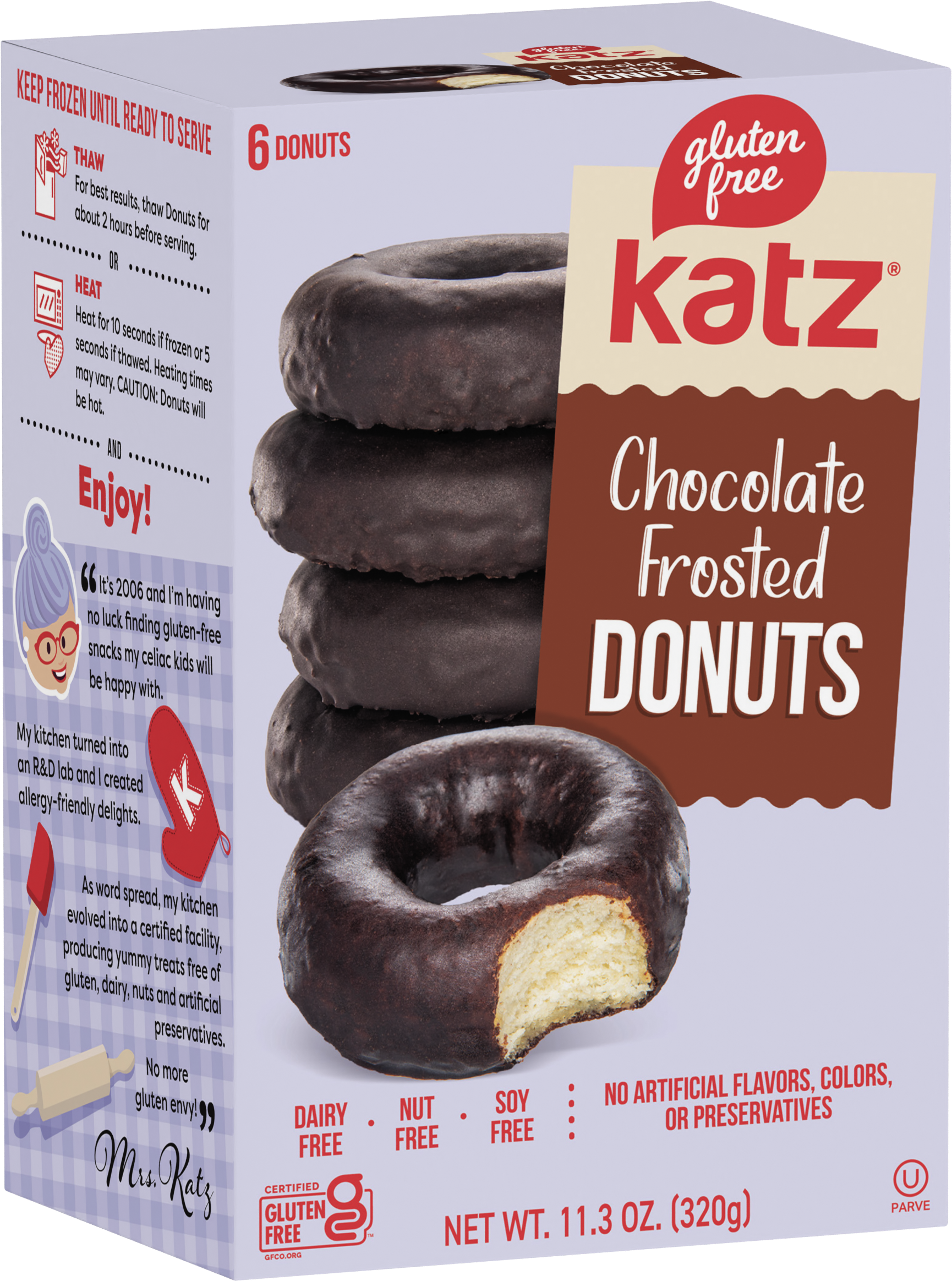 Chocolate frosted donut box with 6 donuts, gluten-free