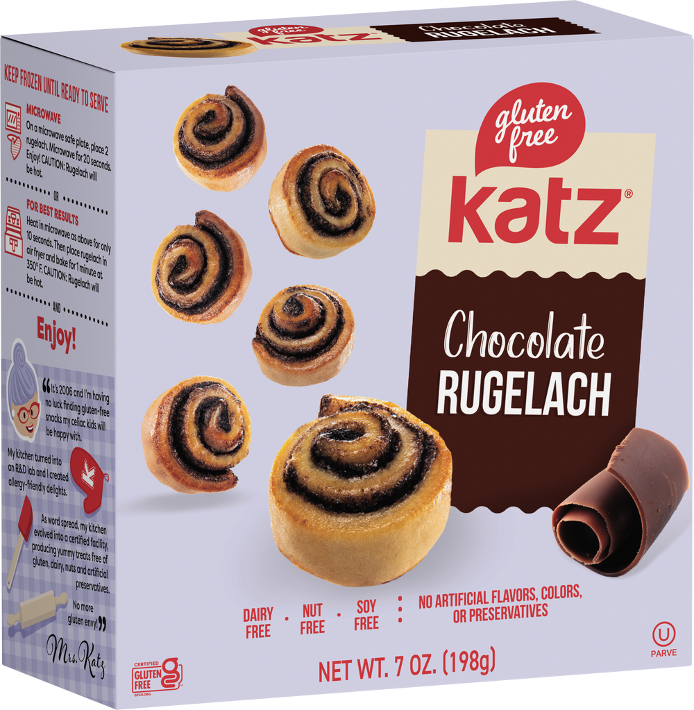 Chocolate Rugelach snack box with spiral pastries on front, gluten-free label