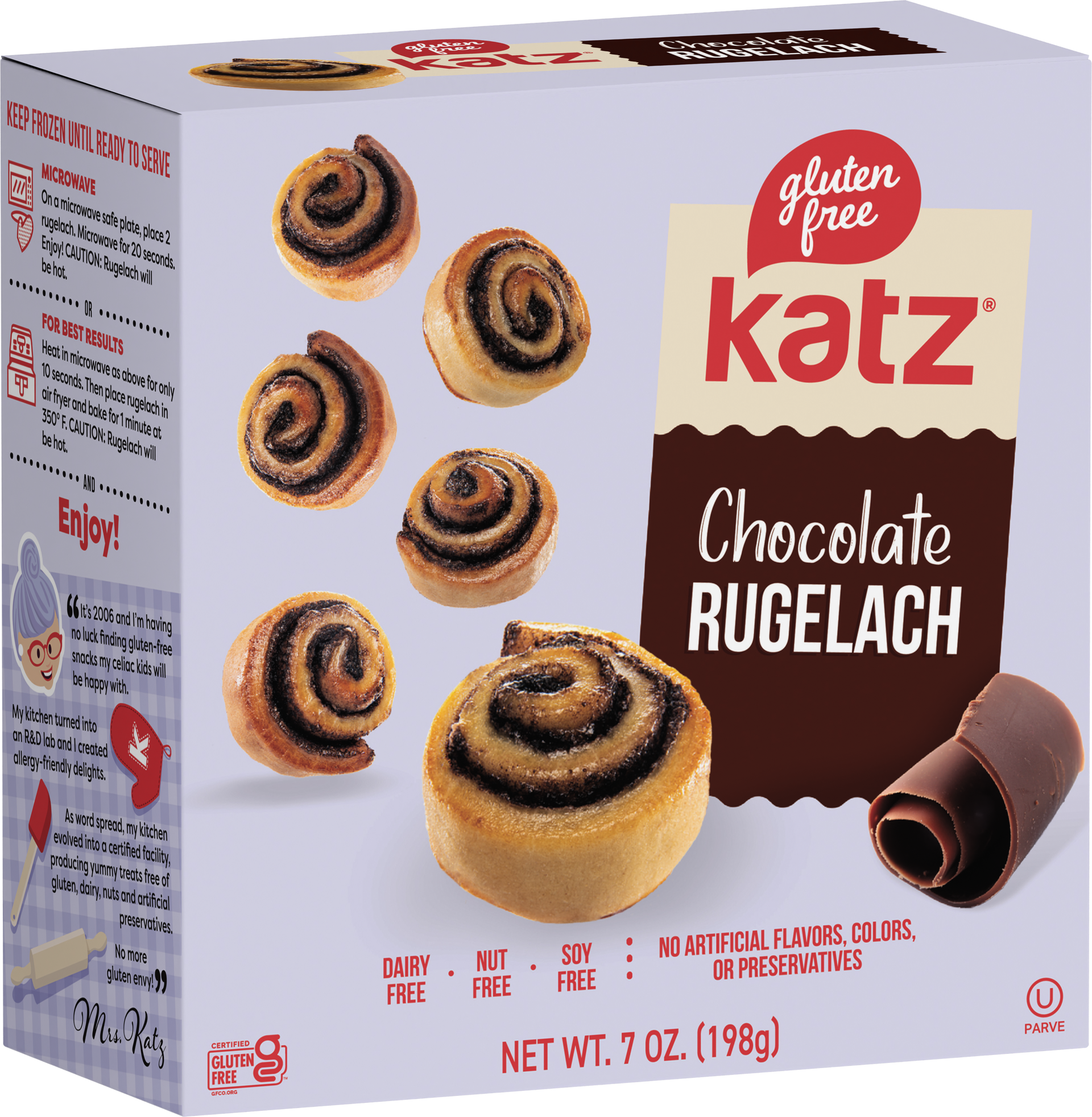 Chocolate Rugelach snack box with spiral pastries on front, gluten-free label