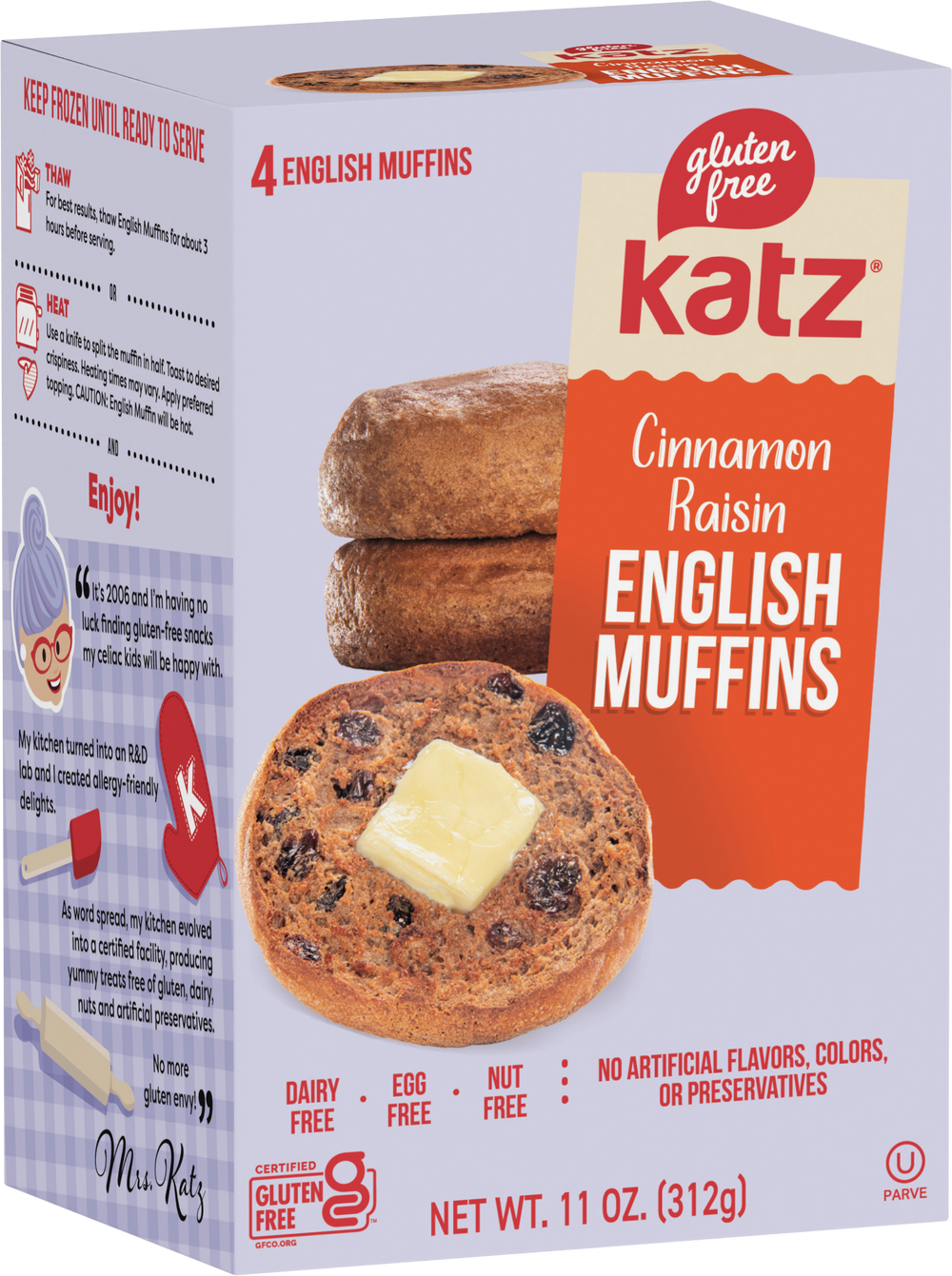 Cinnamon raisin English muffin box with three muffins and butter topping illustration
