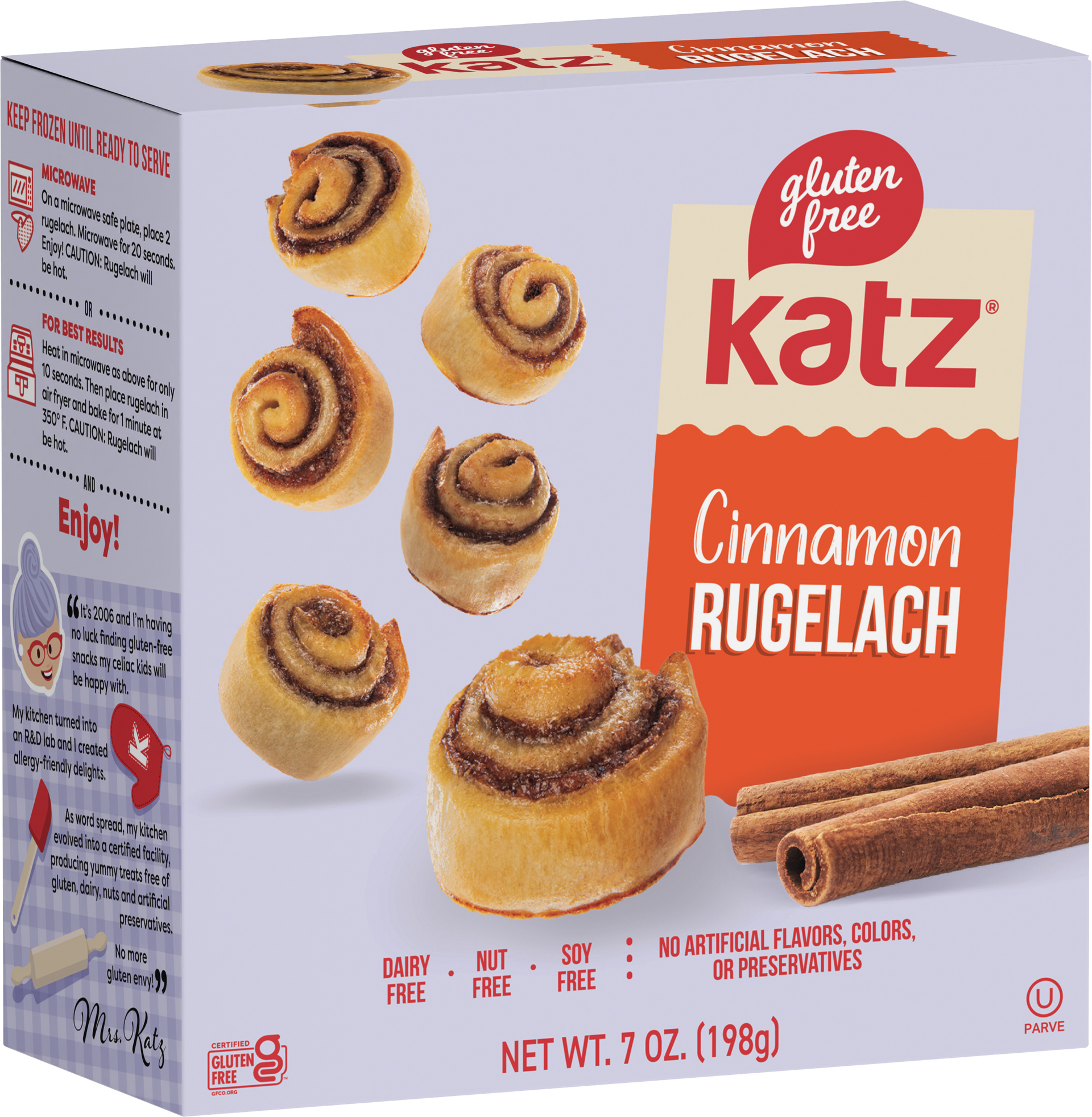 Katz Cinnamon Rugelach gluten-free pastry cookies in box packaging
