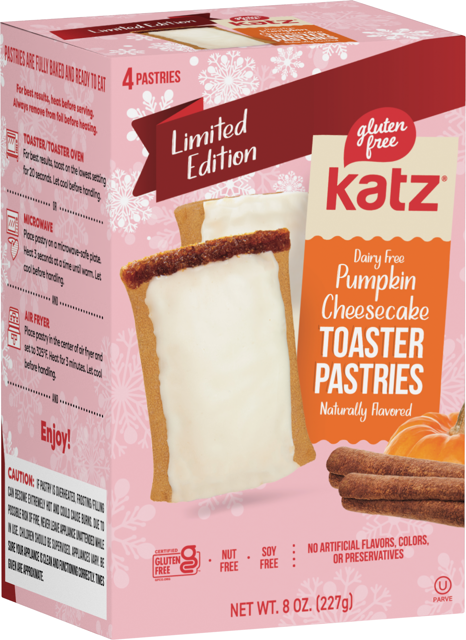 Gluten-free pumpkin cheesecake toaster pastries box with 4 pastries shown, limited edition