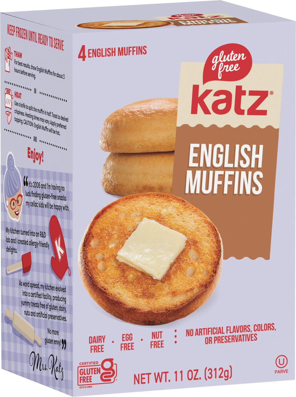 Katz gluten-free English muffins cardboard box, shows 4 muffins and buttered muffin top