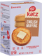 Katz gluten-free English muffins cardboard box, shows 4 muffins and buttered muffin top