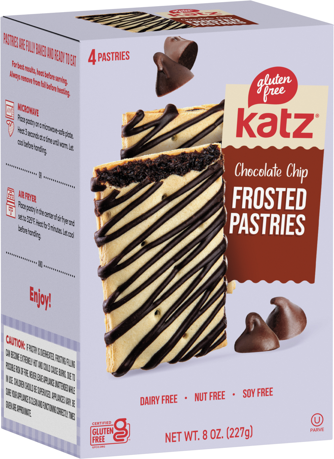 Katz gluten-free chocolate chip frosted toaster pastries box, dark chocolate drizzle