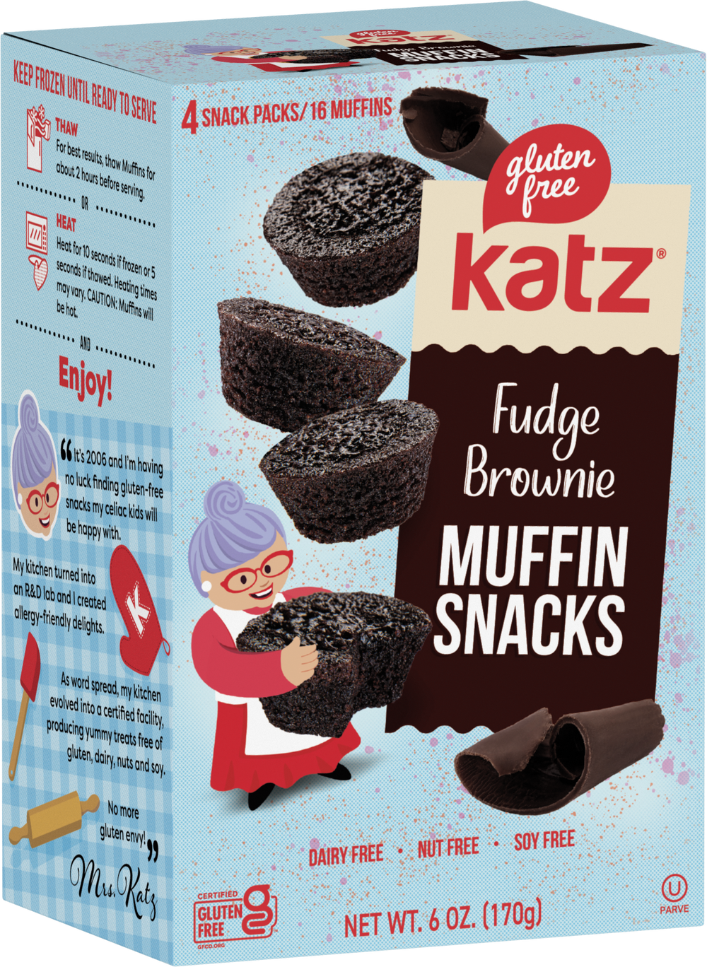 Fudge brownie muffin snacks box with four dark chocolate muffin illustrations