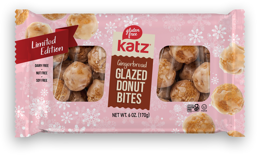 Gingerbread glazed donut bites snack bag, pink packaging with assorted bite donuts