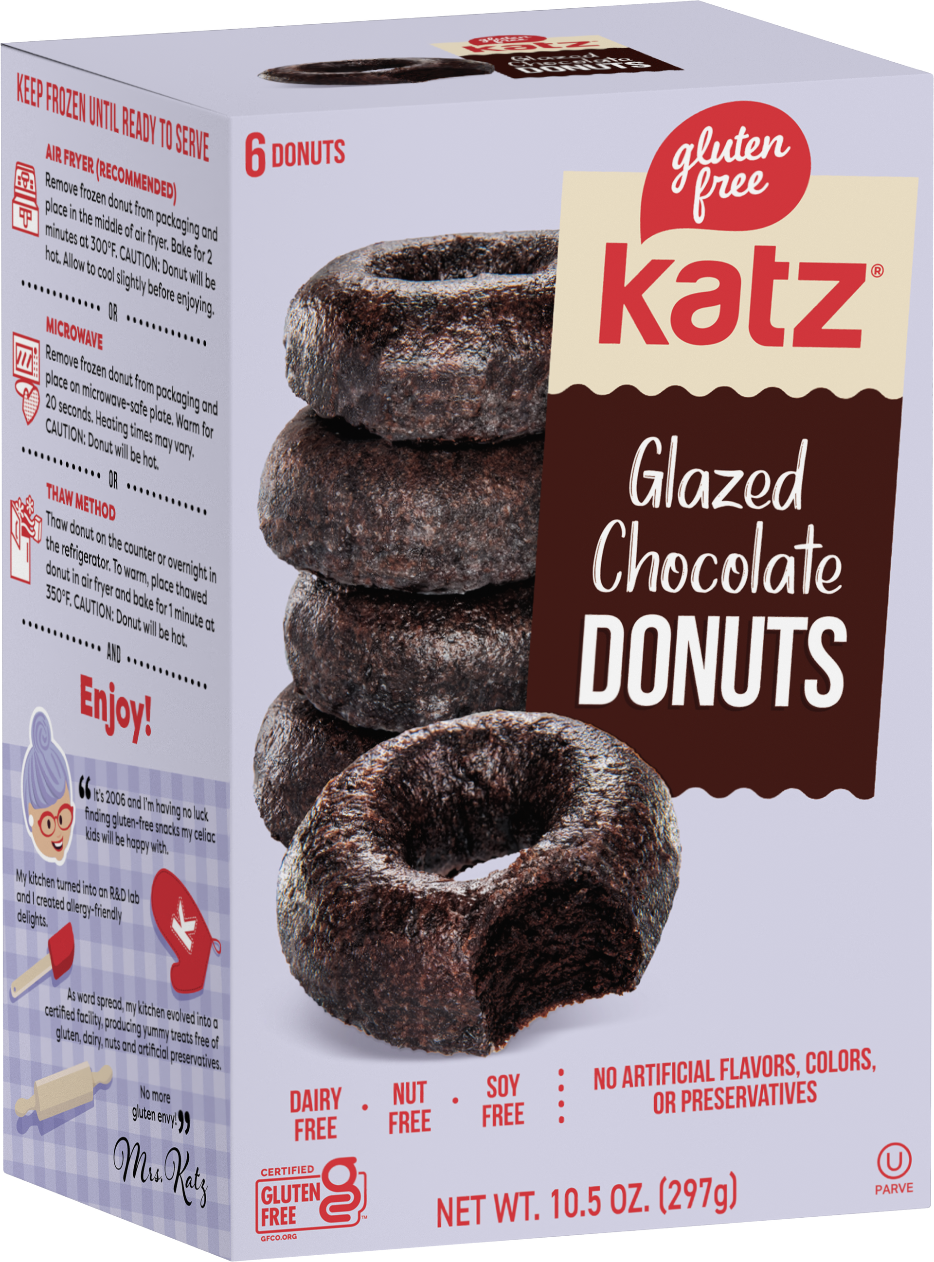 Glazed chocolate donuts pack, Katz brand, 6 donuts shown on front label