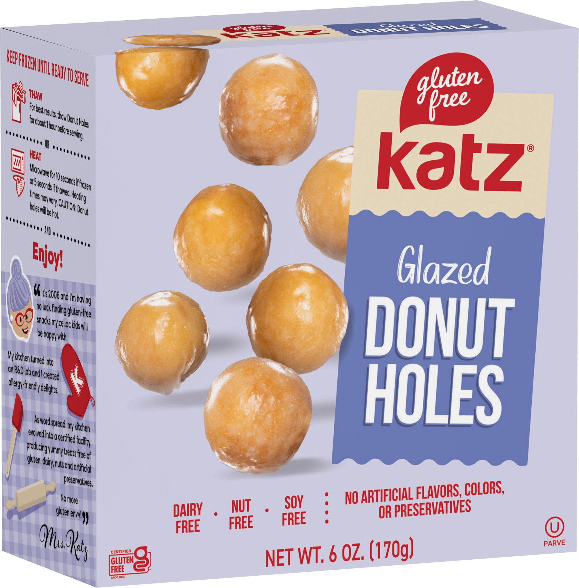 Glazed donut holes in Katz retail box with golden sugar-coated bites