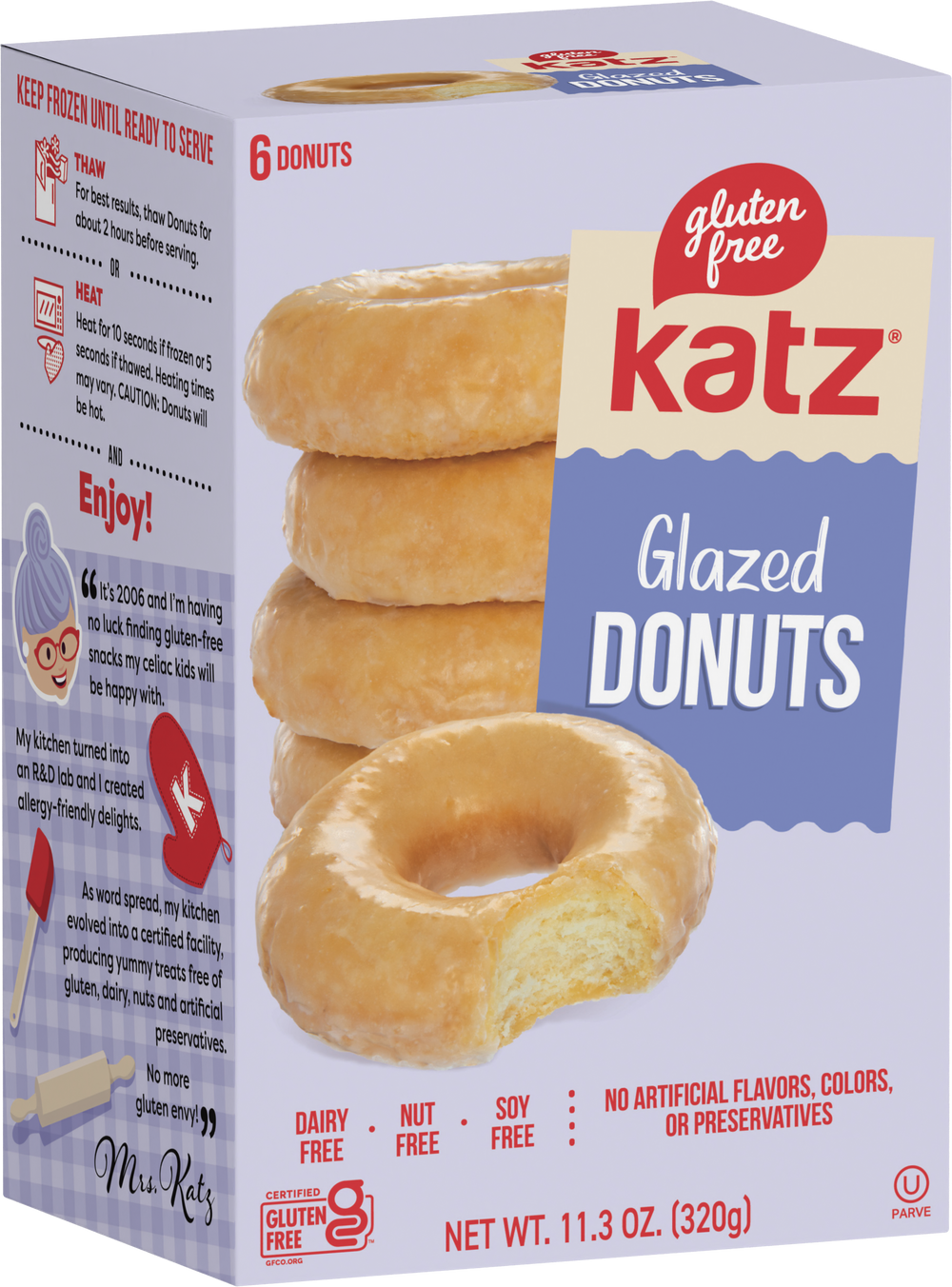 Glazed donuts in Katz gluten-free box, 6-count; three donuts shown