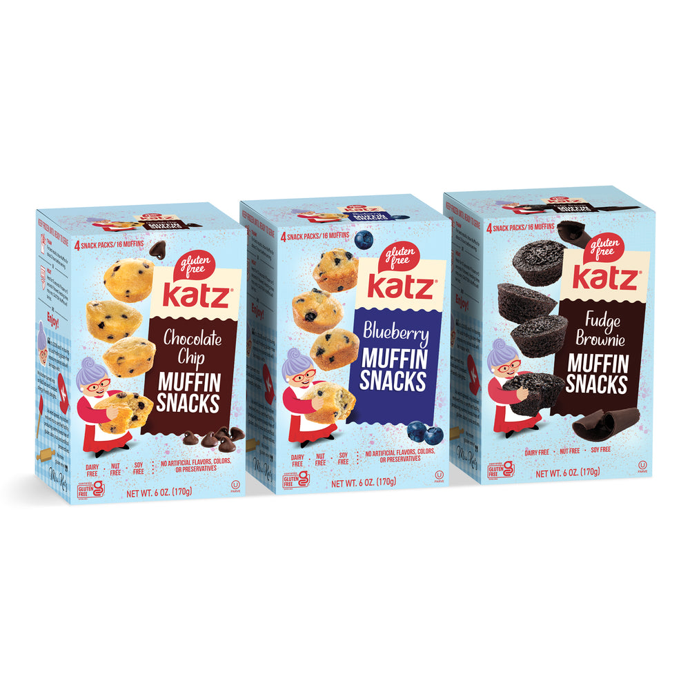 Katz muffin snack variety pack with chocolate chip, blueberry, and fudge brownie boxes