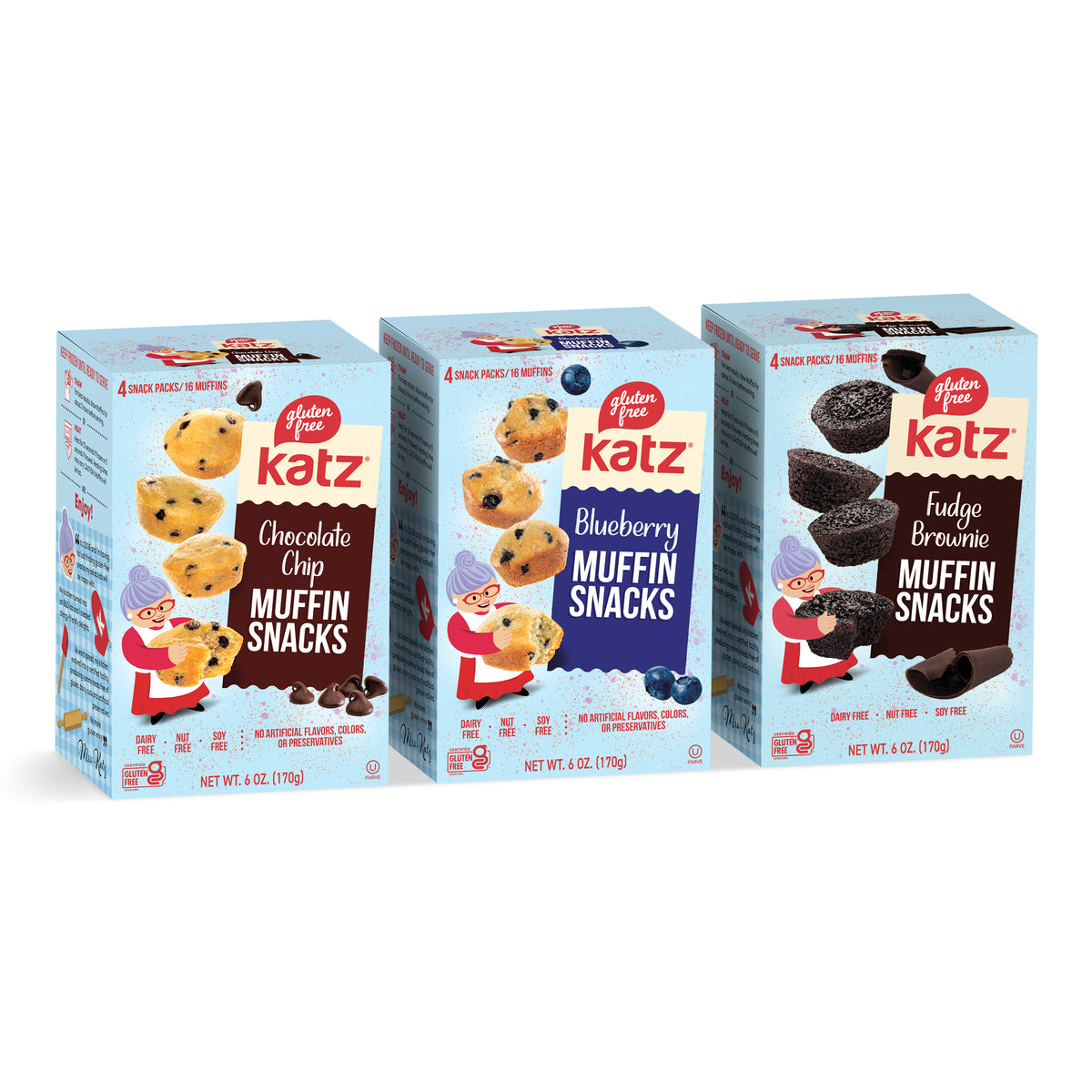 Katz muffin snack variety pack with chocolate chip, blueberry, and fudge brownie boxes