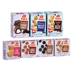 Six boxes of Katz brand snack and cake products arranged in two rows against a solid black background. The boxes include Chocolate Crème Cakes, Blueberry Muffin Snacks, Chocolate Chip Muffin Snacks, Strawberry Crème Cupcakes, Chocolate Donut Holes, and Saffron Pretzel Nuggets.