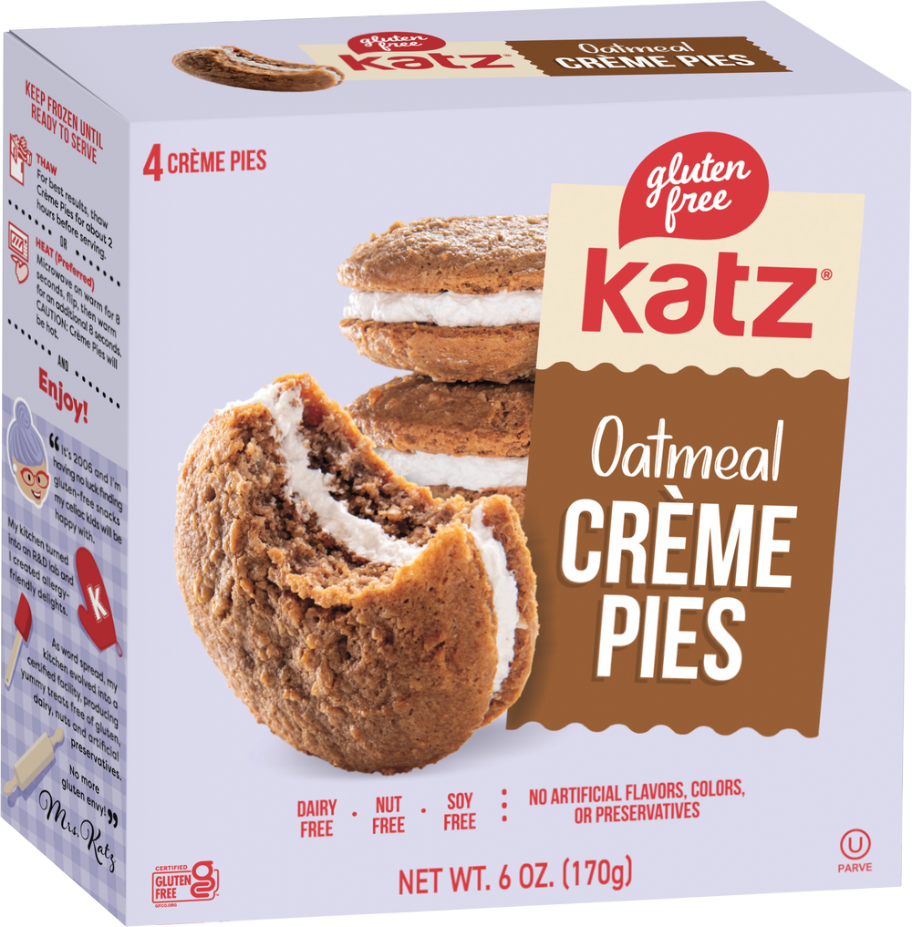 Katz Oatmeal Creme Pies box with two round oatmeal cookies and white creme filling