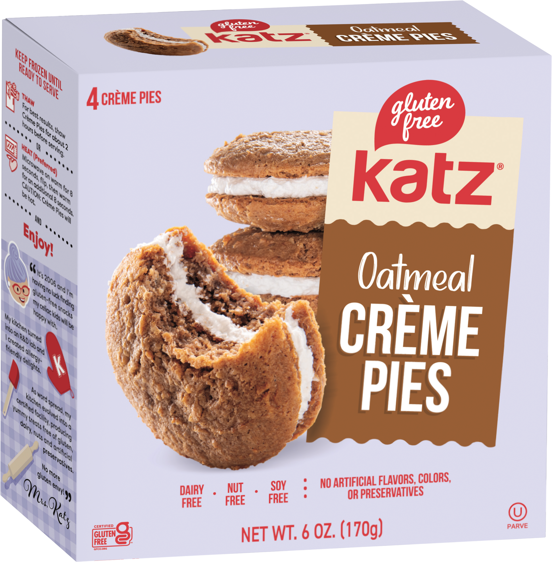 Katz Oatmeal Creme Pies box with two round oatmeal cookies and white creme filling