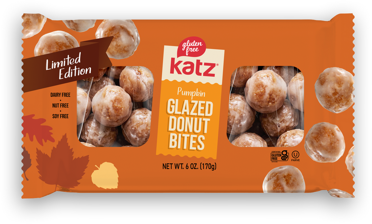 Pumpkin glazed donut bites snack bag with small round coated donut pieces