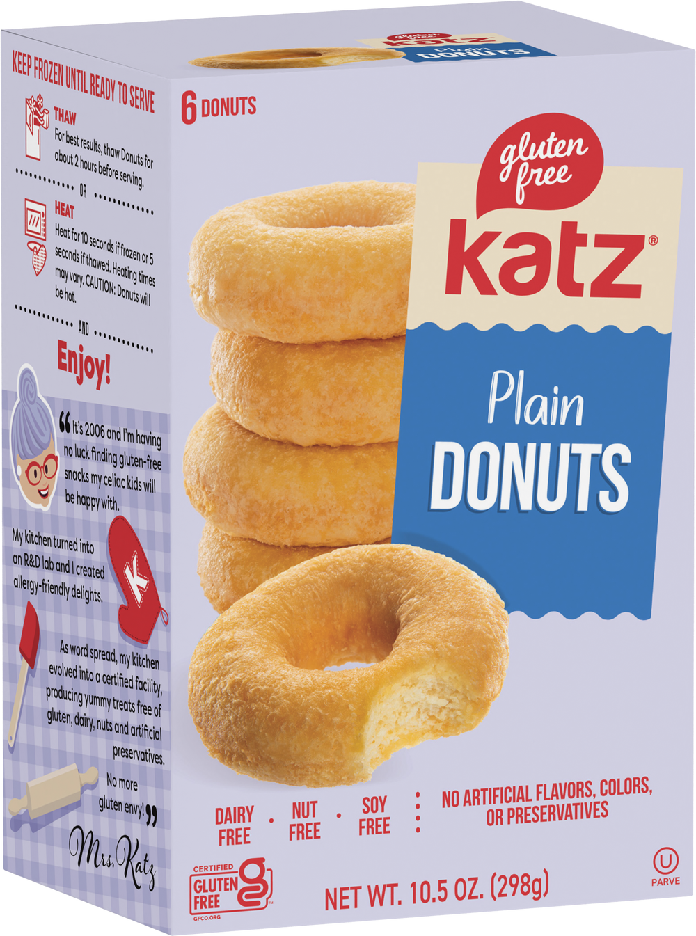 Katz gluten-free plain donuts in box showing 6 donuts