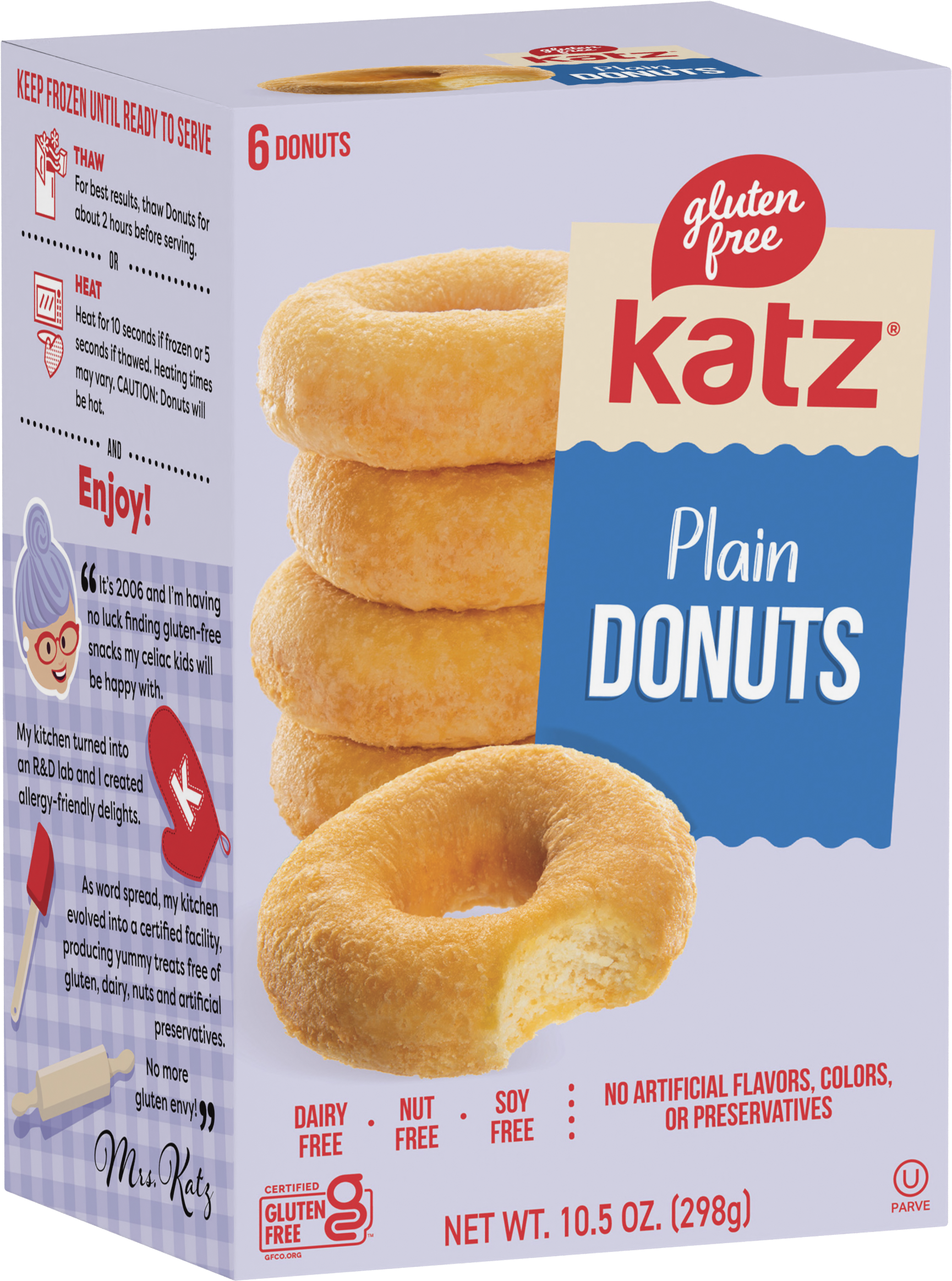 Katz gluten-free plain donuts in box showing 6 donuts