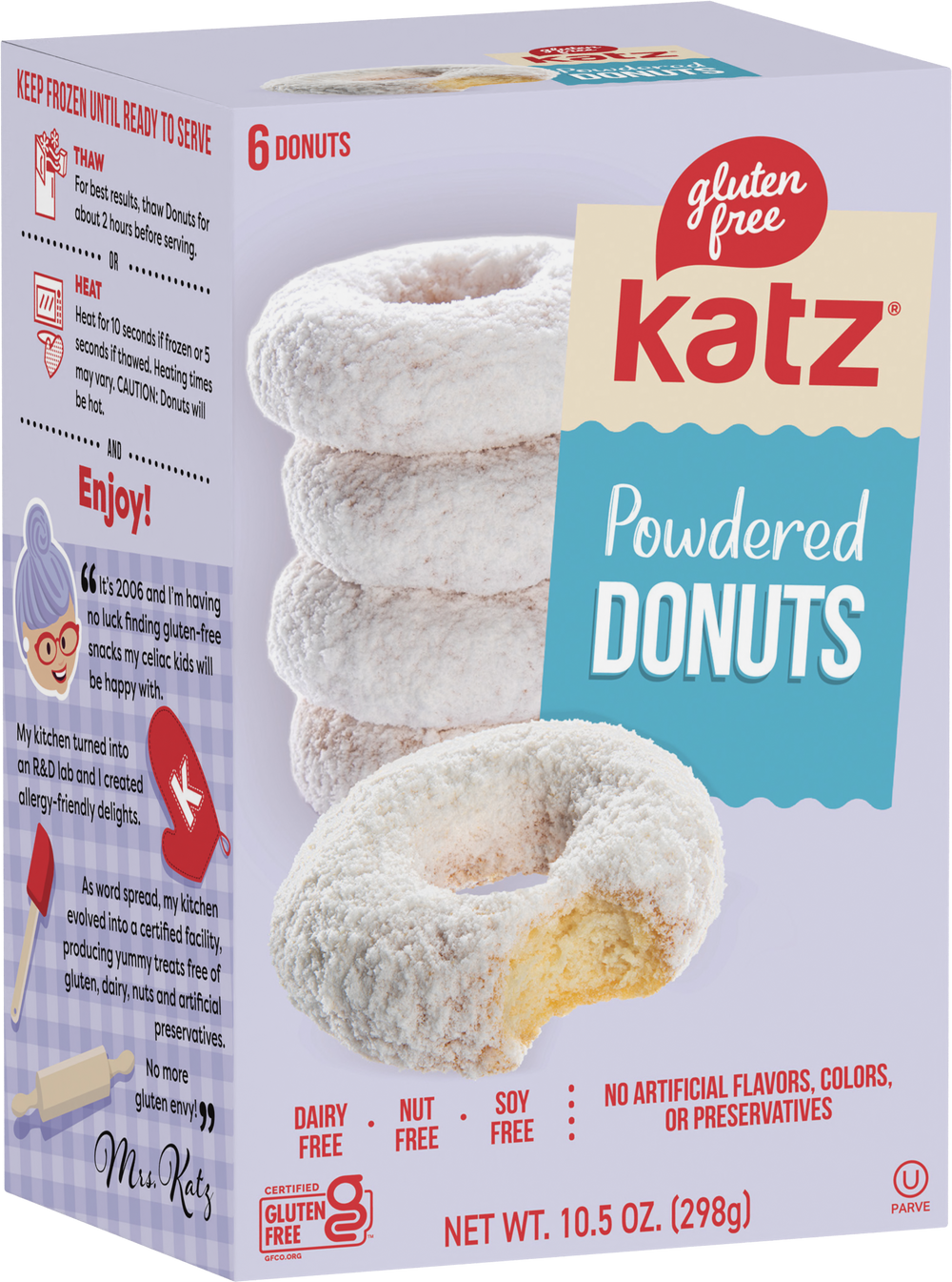 KatZ gluten-free powdered donuts box, 6 donuts, powdered sugar coating