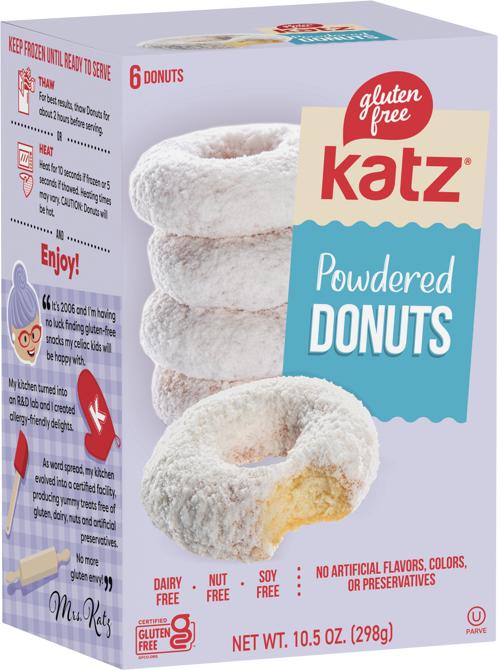 KatZ gluten-free powdered donuts box, 6 donuts, powdered sugar coating