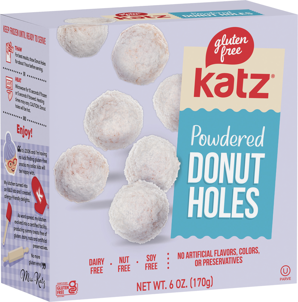 Katz powdered donut holes box with gluten-free label and powdered donut hole graphics