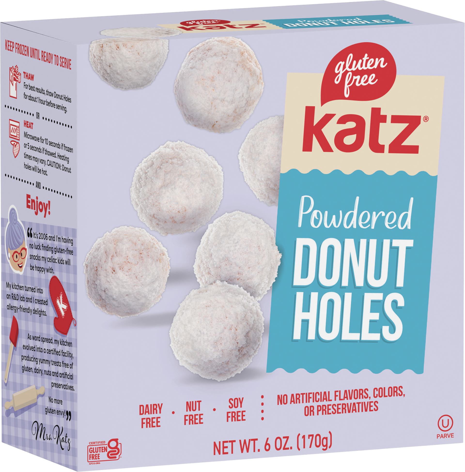 Katz powdered donut holes box with gluten-free label and powdered donut hole graphics