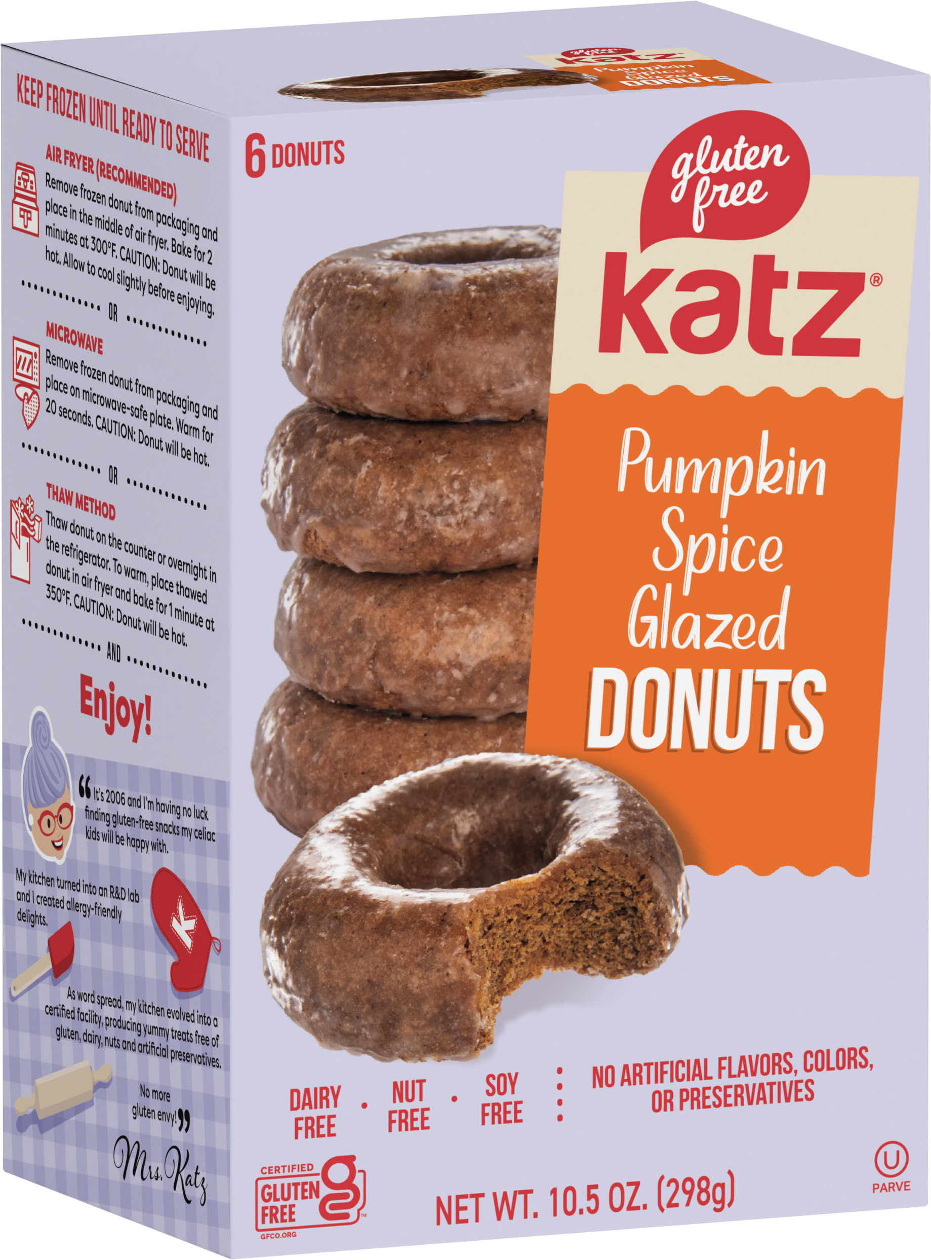 Pumpkin spice glazed donuts in branded box with one glazed donut