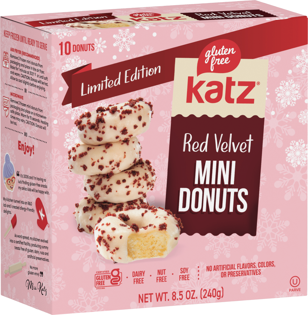 Katz Red Velvet mini donuts box, limited edition packaging with mini donut photo