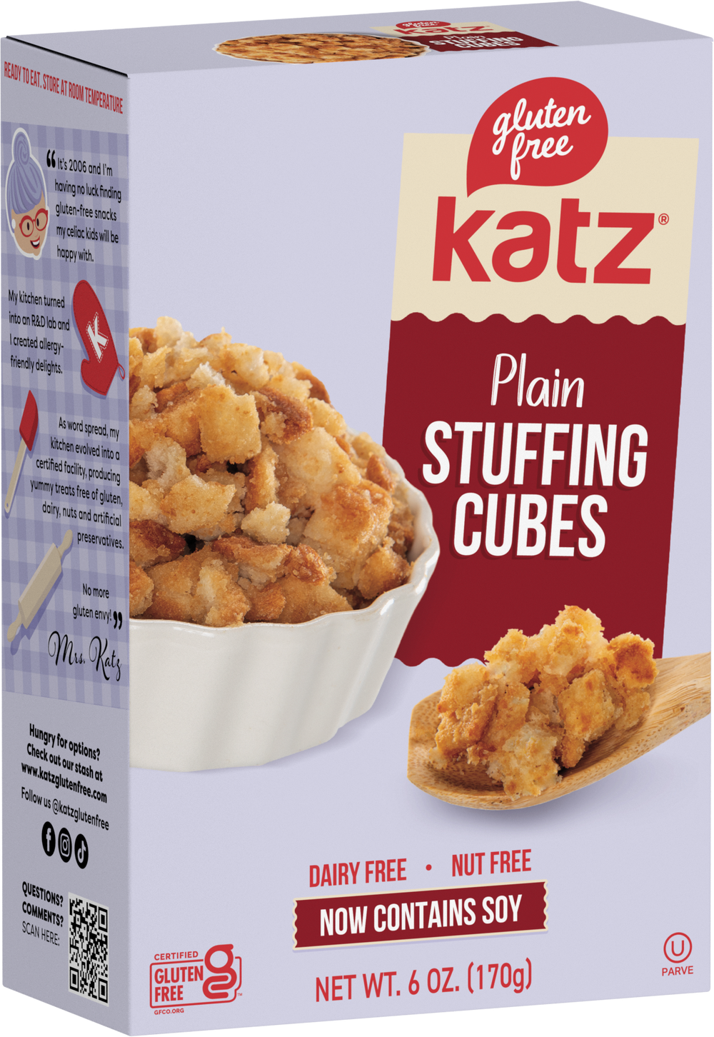 Katz plain stuffing cubes box, gluten-free package with product name