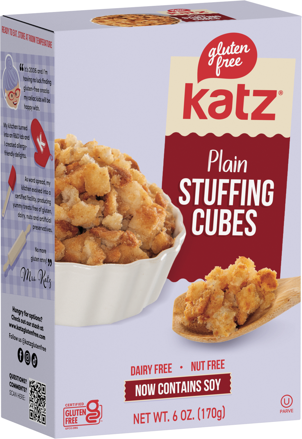 Katz plain stuffing cubes box, gluten-free package with product name