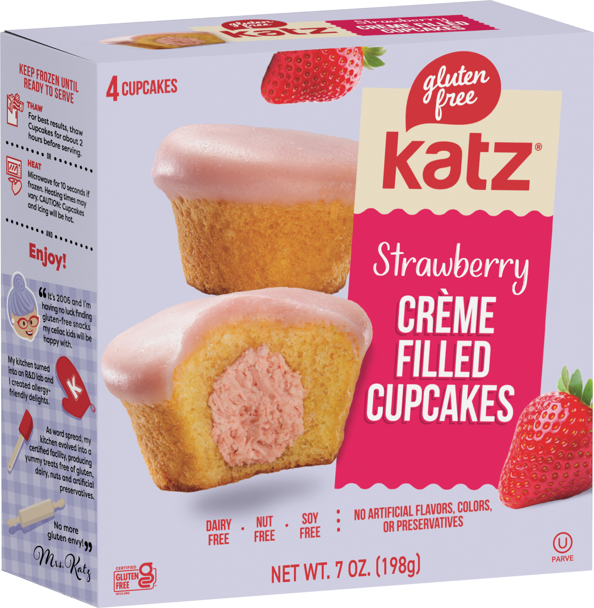 Box of Katz gluten-free strawberry crème filled cupcakes, 4-count