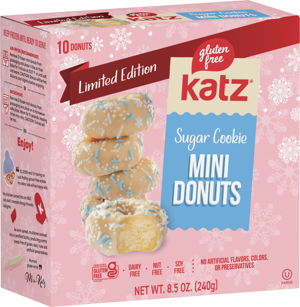 Gluten-free Sugar Cookie mini donuts gift box by Katz, with iced donuts on front