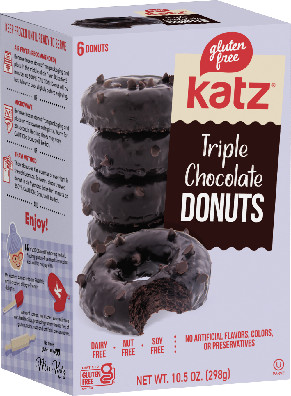 Katz gluten-free Triple Chocolate Donuts box showing triple chocolate-glazed donuts