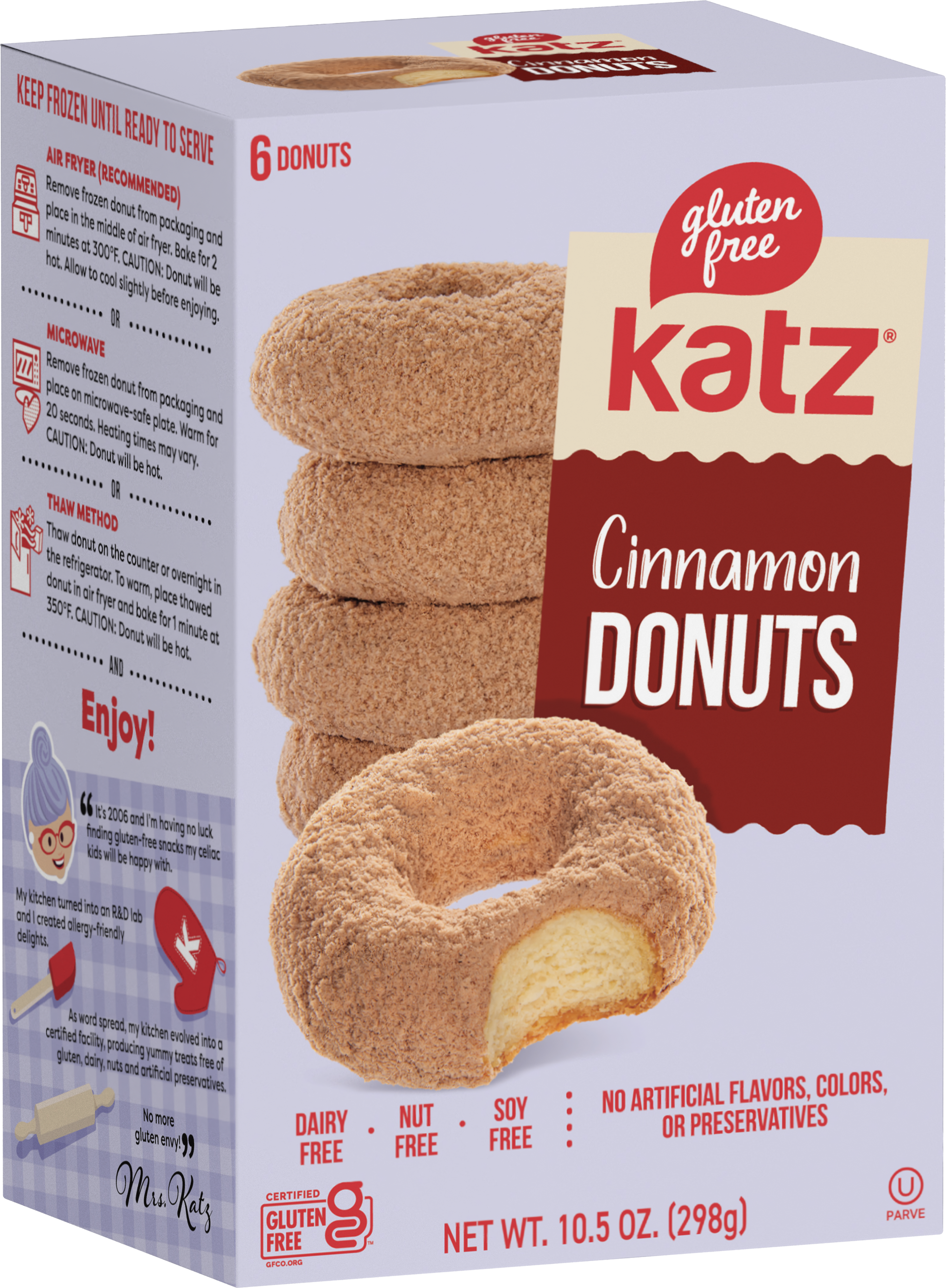 Gluten-free cinnamon donuts in a box, 6-count with donut cutaway view