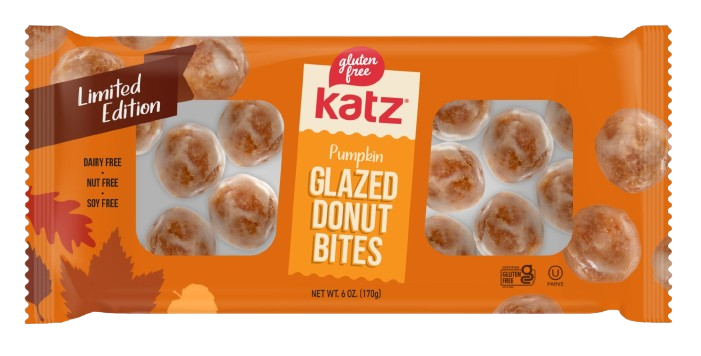 Katz pumpkin glazed donut bites snack pack in orange bag with maple leaf design